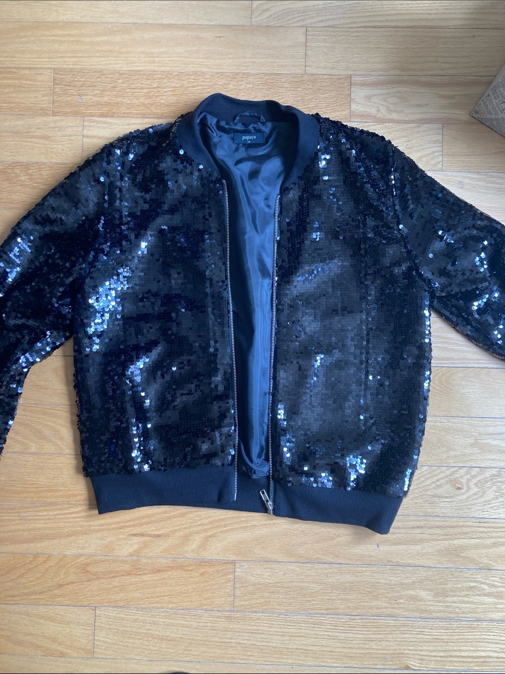 Papaya Black Sequin Bomber Jacket with Ribbed Trim